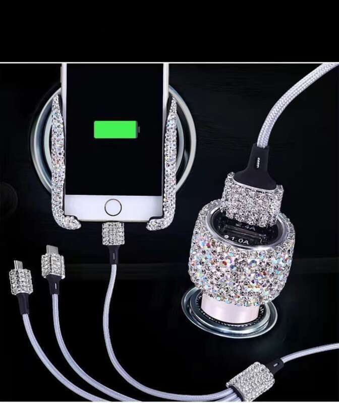 Car With Diamond Embedded One To Three Fast Charging Data Cable, Car USB Cigarette Lighter, Mobile Phone Charger_autovado.com