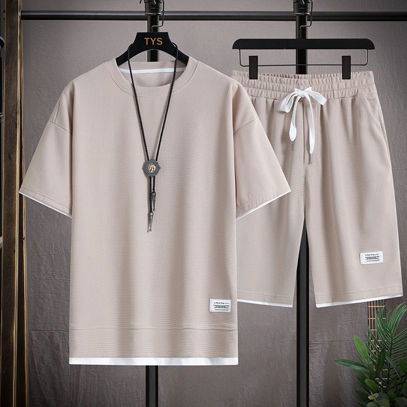 Men's Clothing Waffle T-shirt men's two-piece suit couple loose trendy large size five-point pants outdoor casual_autovado.com