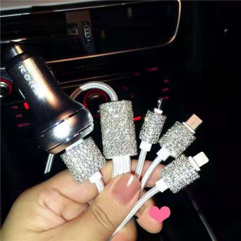 Car With Diamond Embedded One To Three Fast Charging Data Cable, Car USB Cigarette Lighter, Mobile Phone Charger_autovado.com