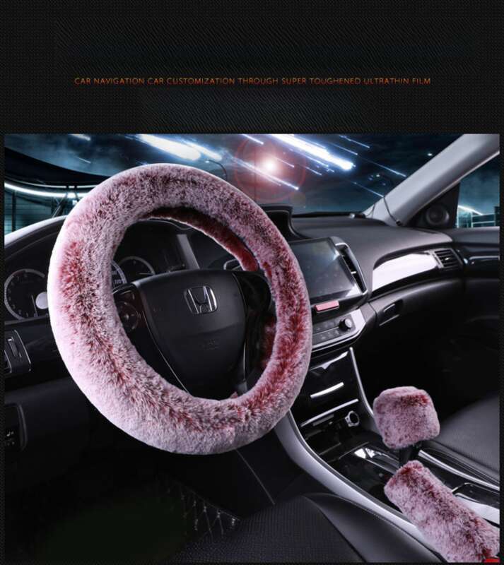 Steering Winter Otter Rabbit Fur Car Steering Wheel Plush Cartoon Handle Cover Three Piece Set Universal_autovado.com