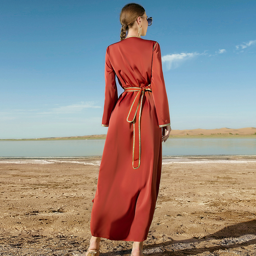 Burnt Orange Hand-stitched Glass Rhinestone Women's Arabic Dress Party Robe Middle Eastern Women's Clothing_autovado.com