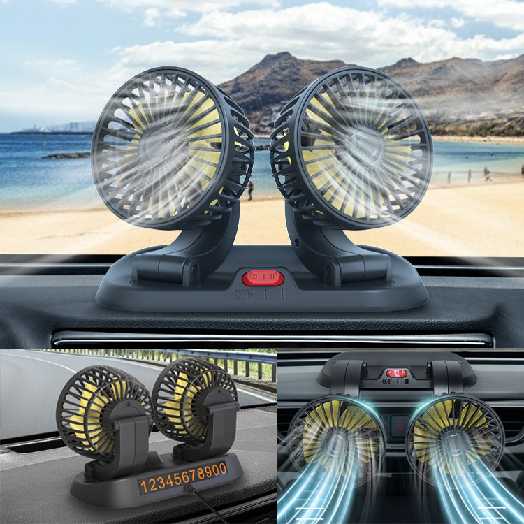 Car fan 24V large truck 12V car universal double head fan van interior cooling high wind power electric fan_autovado.com
