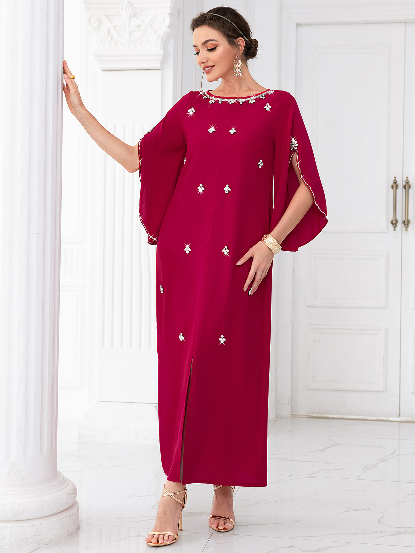 Women's clothing rose red one-line collar mid-sleeve long dress, lady style party, internet celebrity dress_autovado.com