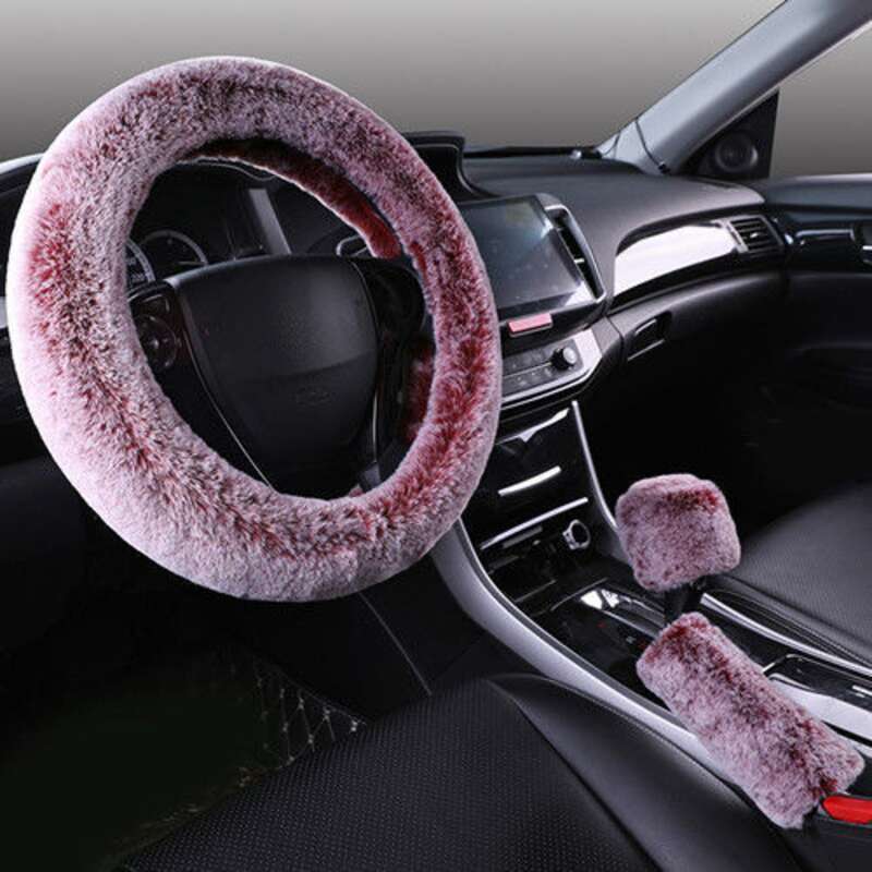 Steering Winter Otter Rabbit Fur Car Steering Wheel Plush Cartoon Handle Cover Three Piece Set Universal_autovado.com
