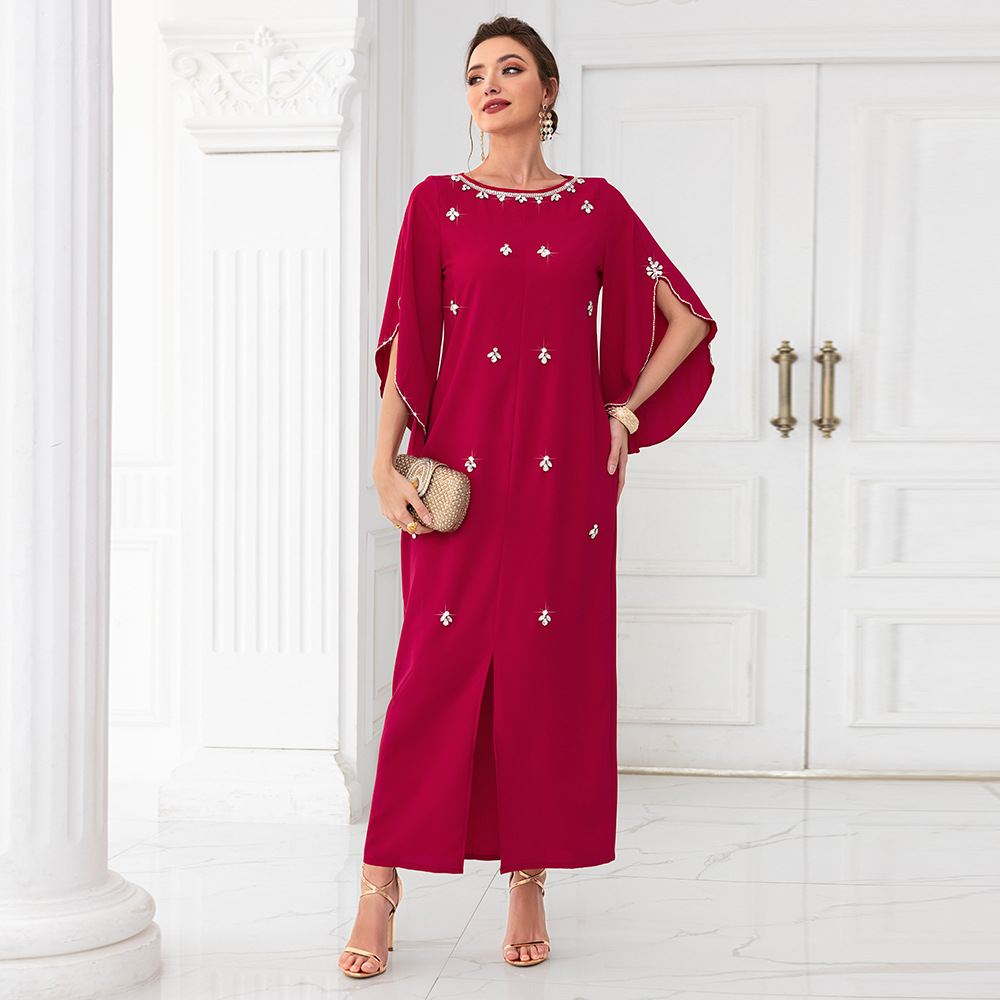 Women's clothing rose red one-line collar mid-sleeve long dress, lady style party, internet celebrity dress_autovado.com