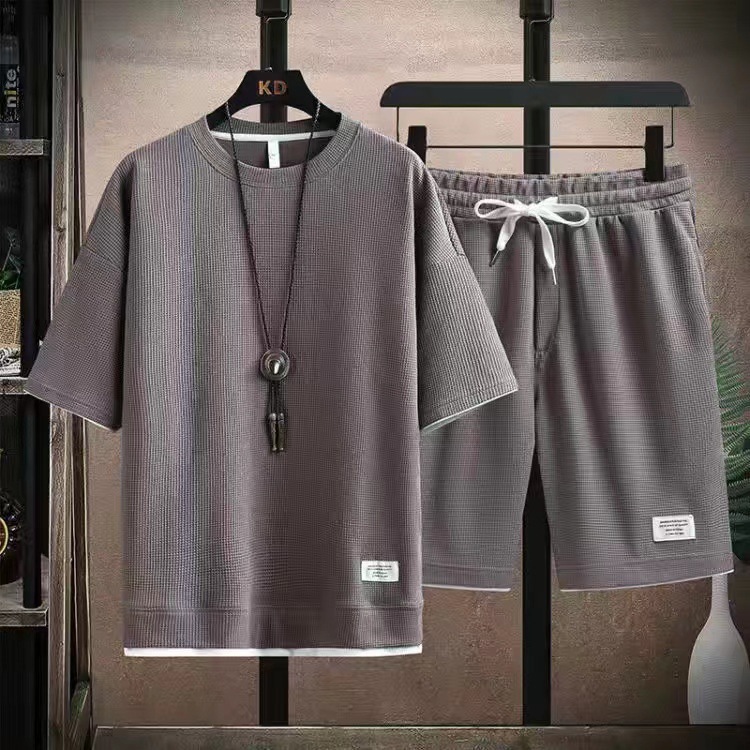 Men's Clothing Waffle T-shirt men's two-piece suit couple loose trendy large size five-point pants outdoor casual_autovado.com