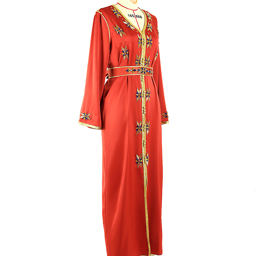Burnt Orange Hand-stitched Glass Rhinestone Women's Arabic Dress Party Robe Middle Eastern Women's Clothing_autovado.com