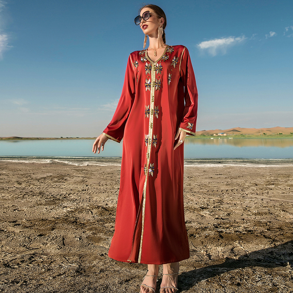 Burnt Orange Hand-stitched Glass Rhinestone Women's Arabic Dress Party Robe Middle Eastern Women's Clothing_autovado.com