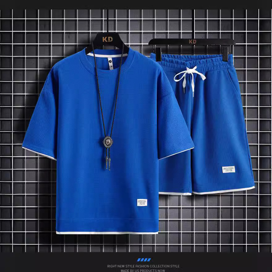Men's Clothing Waffle T-shirt men's two-piece suit couple loose trendy large size five-point pants outdoor casual_autovado.com