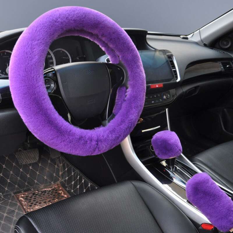 Steering Winter Otter Rabbit Fur Car Steering Wheel Plush Cartoon Handle Cover Three Piece Set Universal_autovado.com