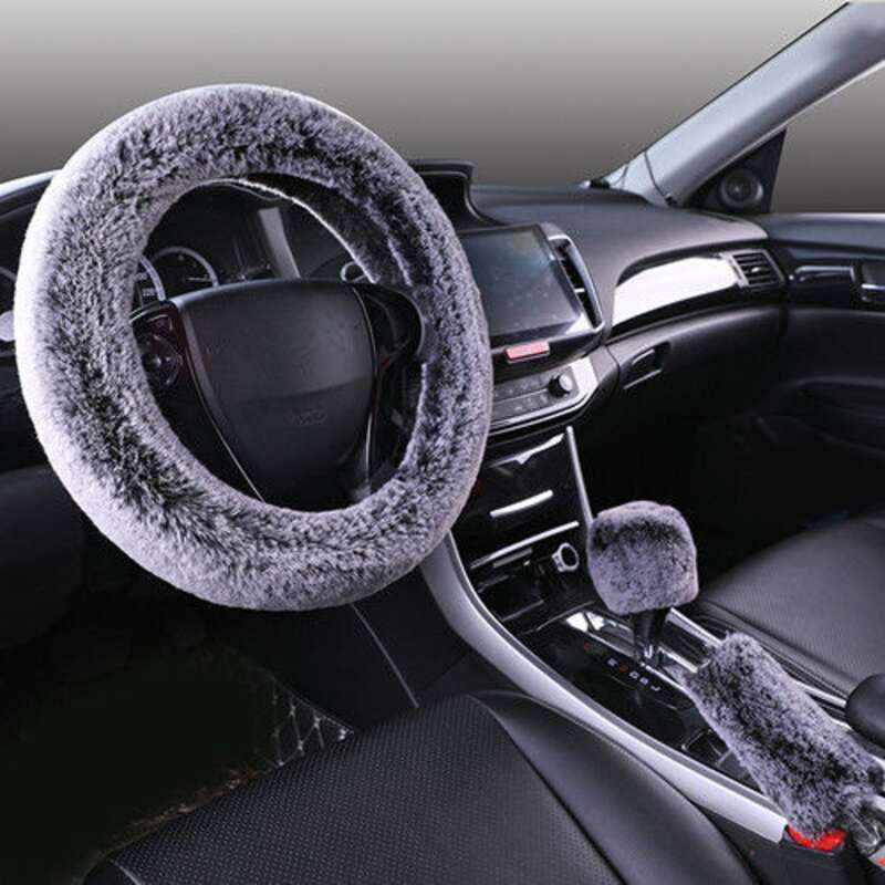 Steering Winter Otter Rabbit Fur Car Steering Wheel Plush Cartoon Handle Cover Three Piece Set Universal_autovado.com