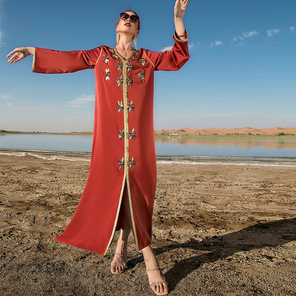 Burnt Orange Hand-stitched Glass Rhinestone Women's Arabic Dress Party Robe Middle Eastern Women's Clothing_autovado.com