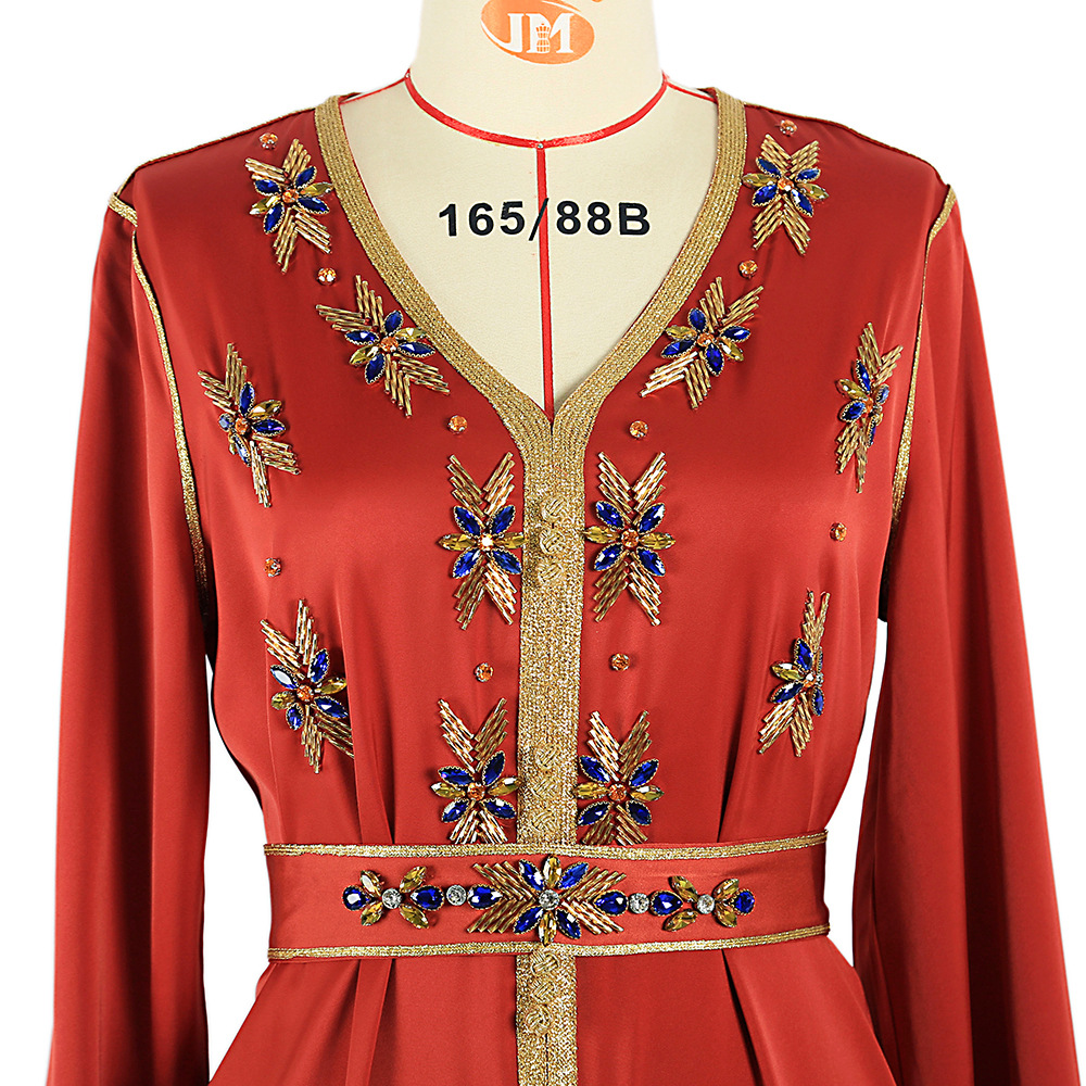 Burnt Orange Hand-stitched Glass Rhinestone Women's Arabic Dress Party Robe Middle Eastern Women's Clothing_autovado.com